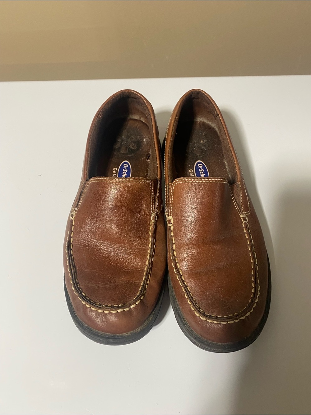 Dr. Scholl's Brown Leather Slip-On Loafers with Contrast Stitching